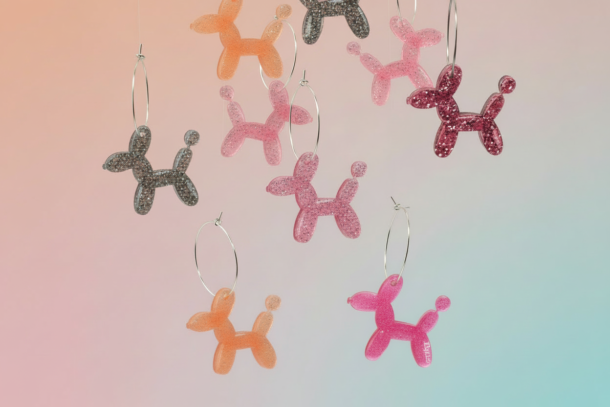 Banner con pendientes - perrito rosa