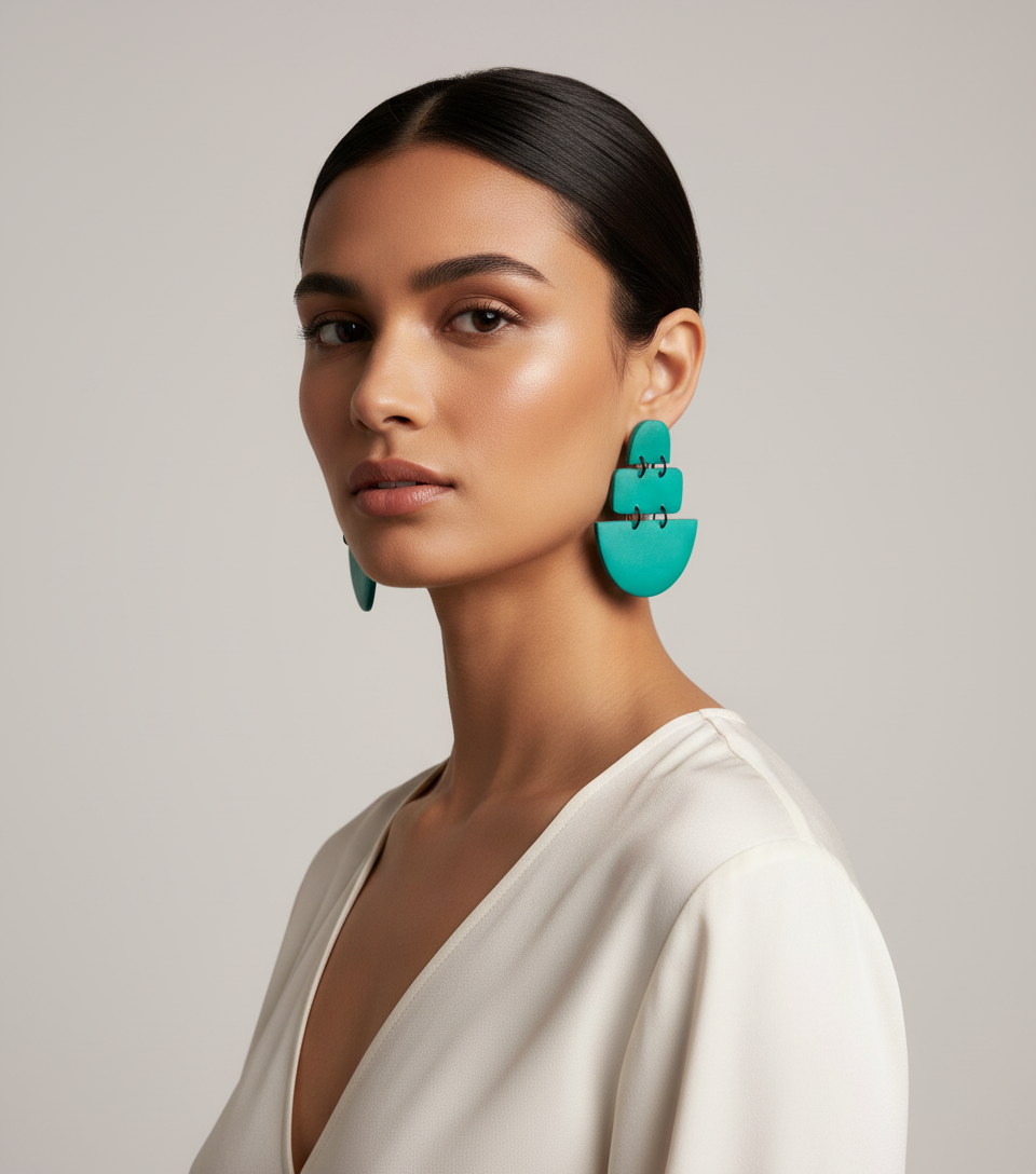 Modelo con pendientes turquesa - tres cuartos