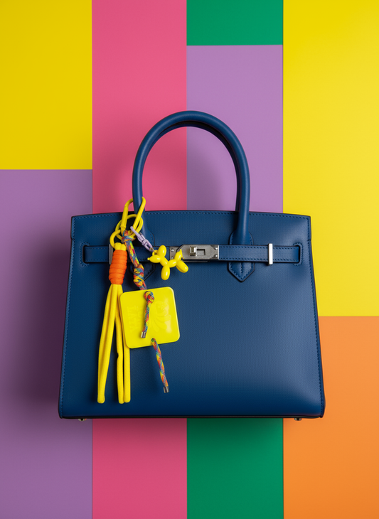 Bolso azul completo con charm y fondo colorido vibrante