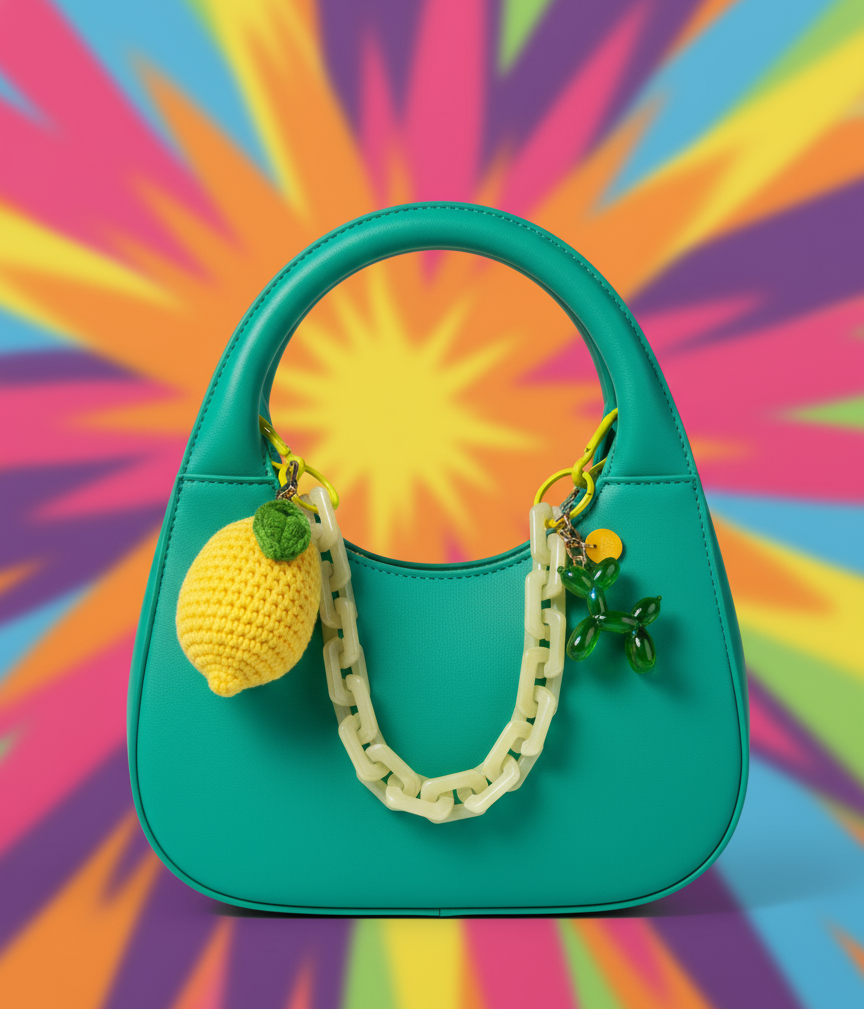 Charm de limón amarillo dentro del asa de bolso verde agua sobre fondo colorido