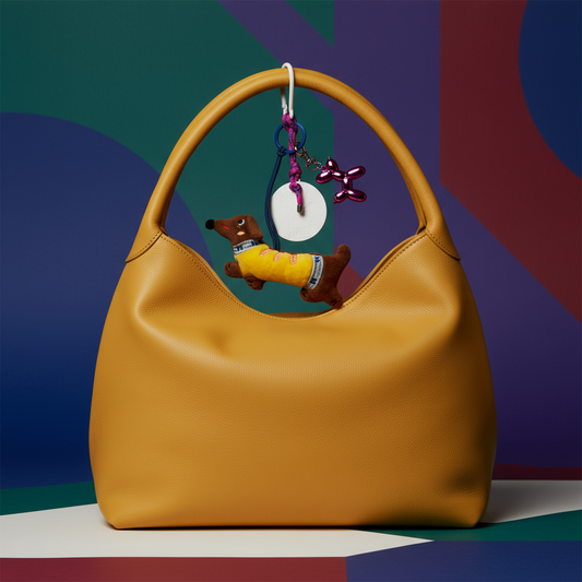 Charm de perro salchicha colgando dentro del asa del bolso
