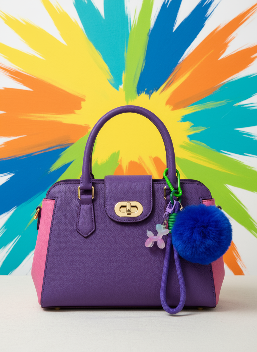 Charm en asa de bolso morado y rosa