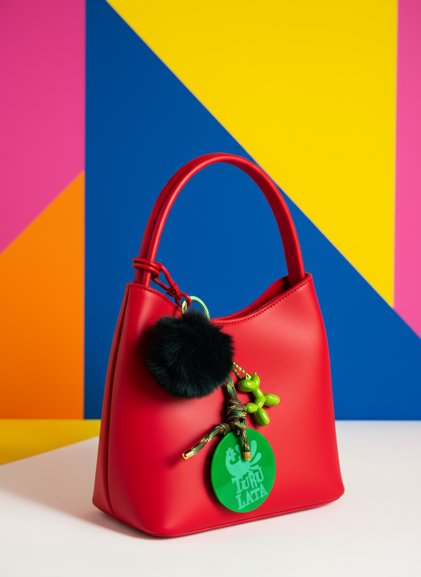 Charm Turulata con bolso rojo y fondo muy colorido