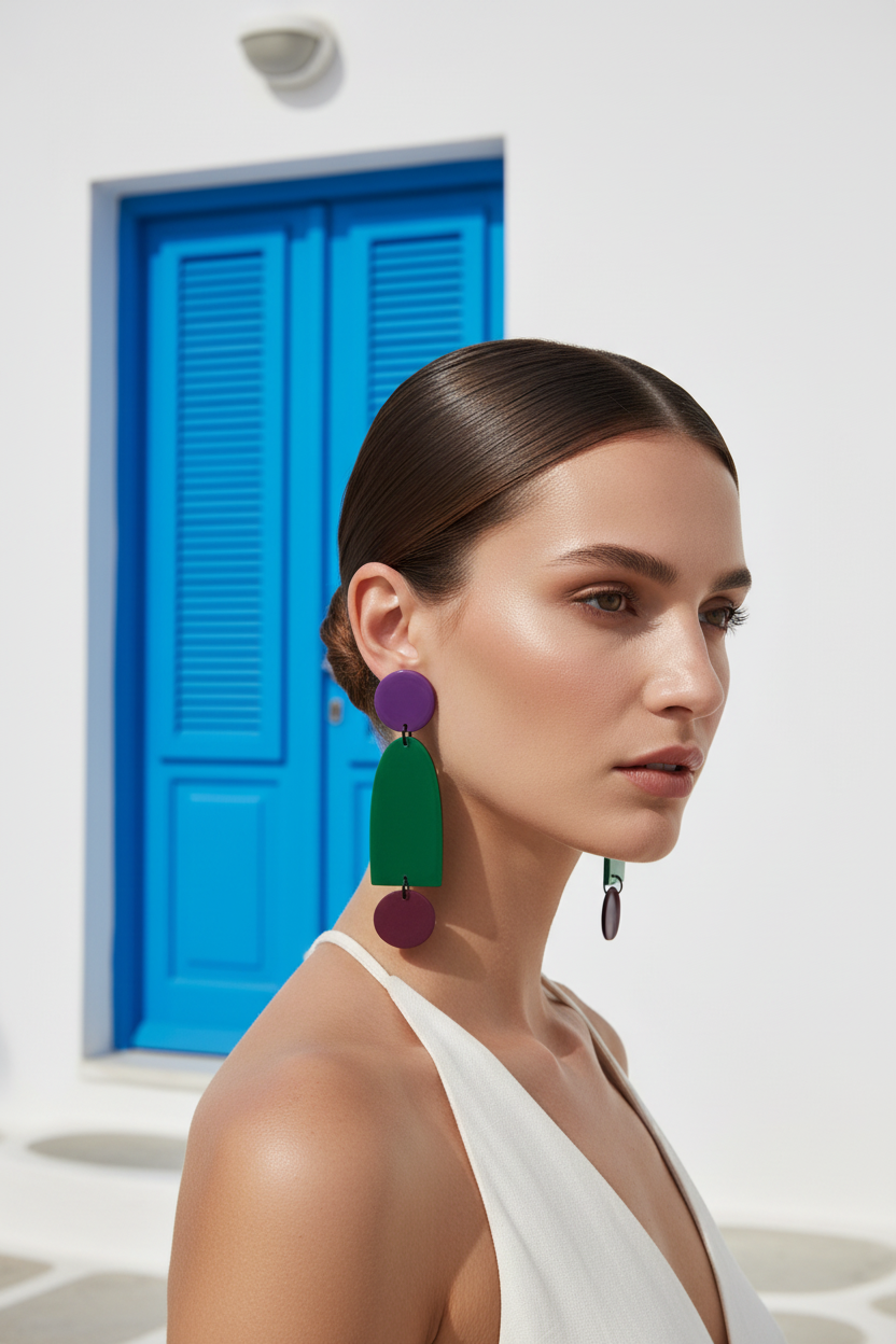 Close-up de modelo con pendientes en Mikonos