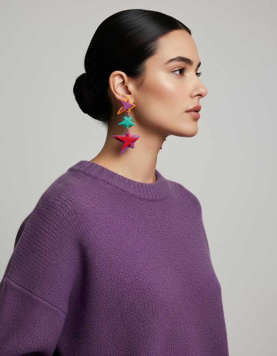 Editorial fashion photo with colorful star earrings