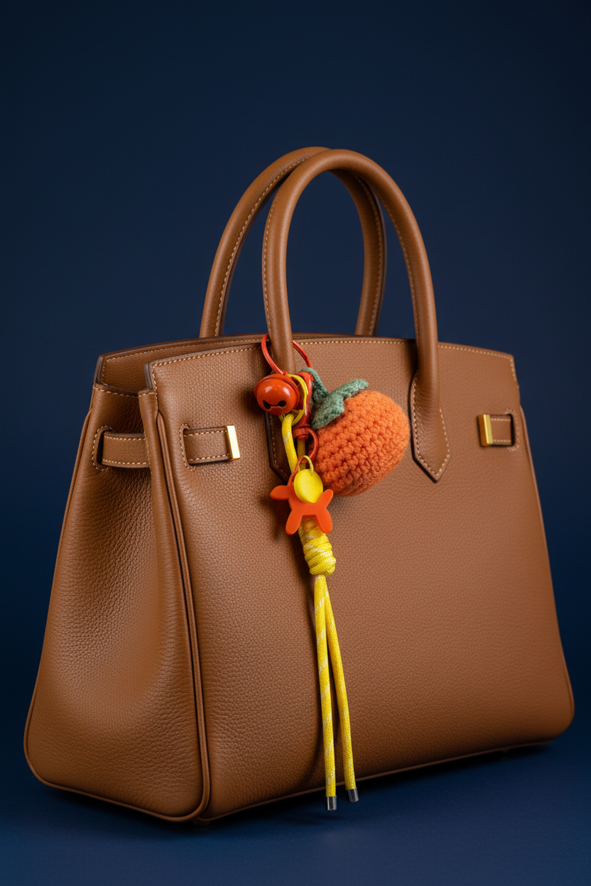 Llavero de naranja en bolso camel con fondo azul oscuro