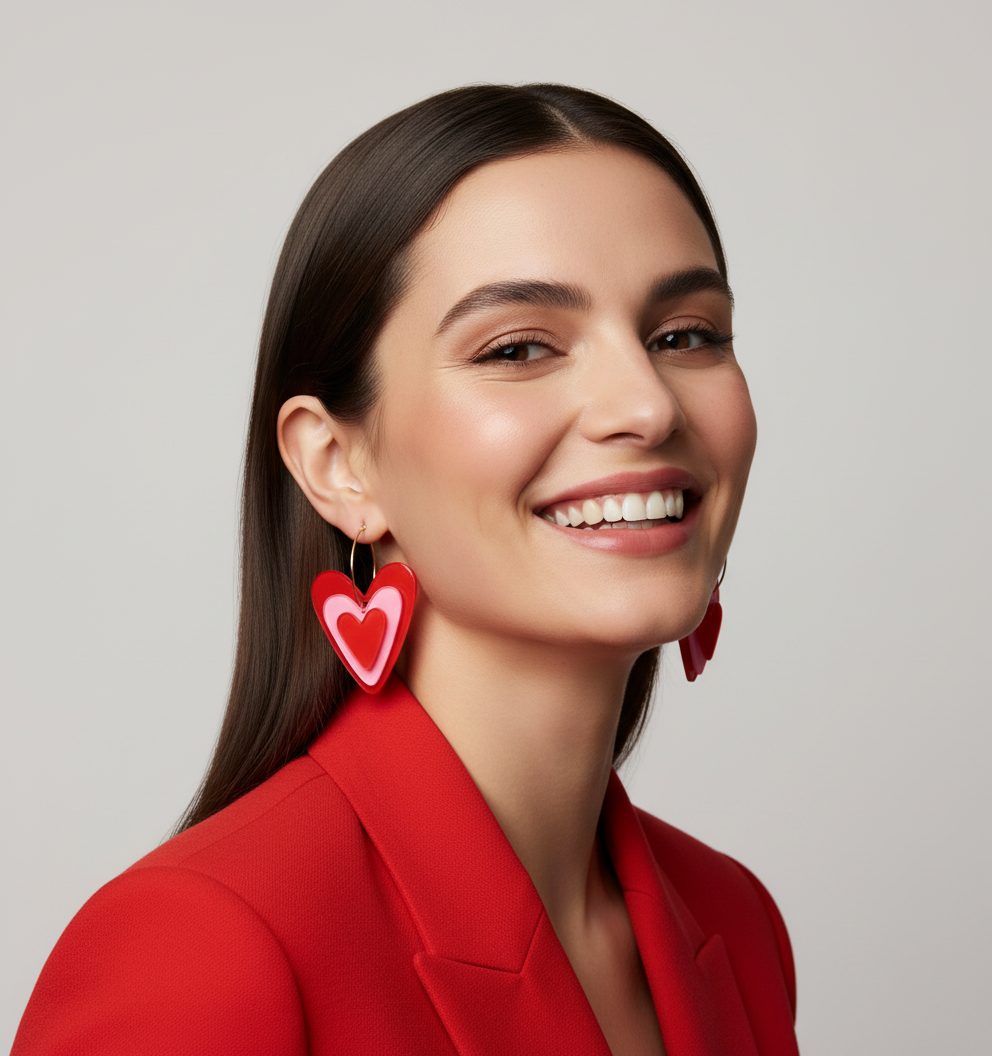 Modelo con pendientes de corazón rojo 1
