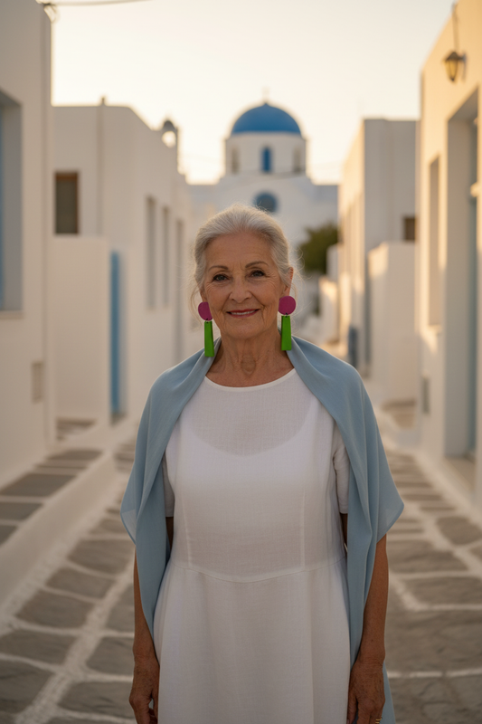 Mujer de Mykonos con pendientes - Iglesia azul