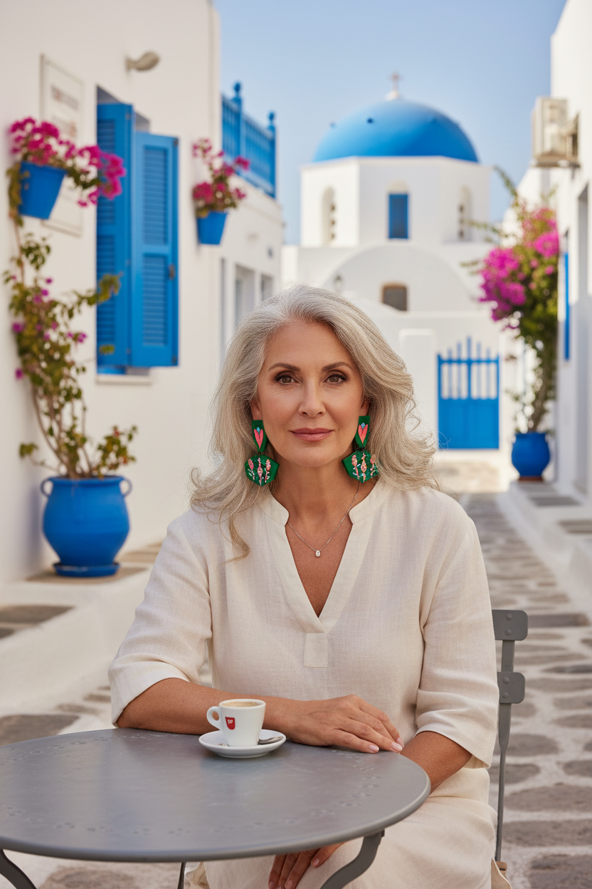 Mujer en café de Mykonos