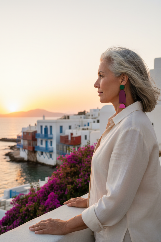 Mujer en Mykonos con pendientes 3